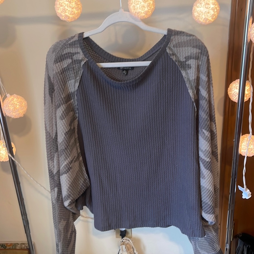 Camo waffle knit long sleeve blouse